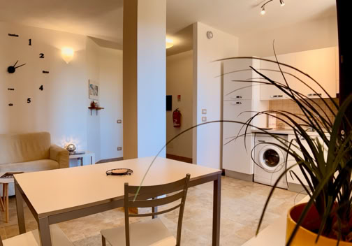 Appartamento moderno con soggiorno e cucina a vista, tavolo da pranzo, orologio a parete, divano, pianta in vaso e lavatrice.